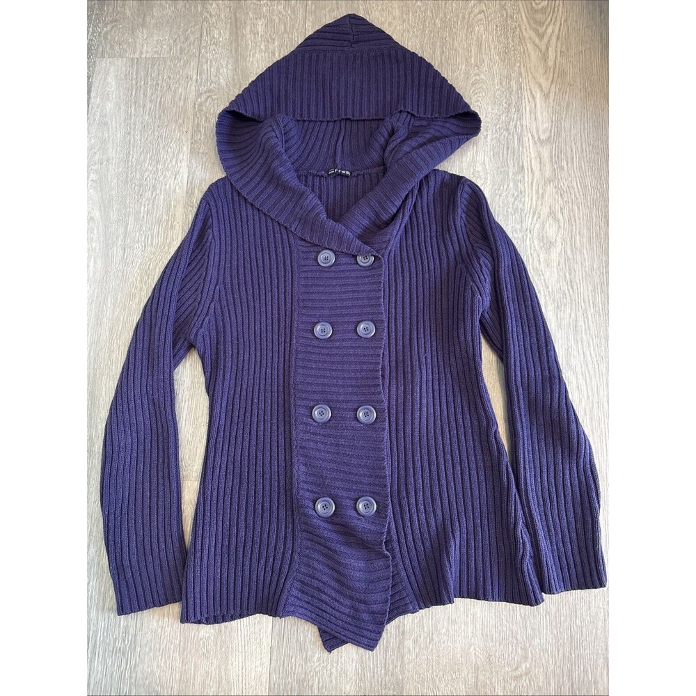 Effeci Sweater Purple Womens Sz L Knit Hooded Buttons Button Up Acrylic